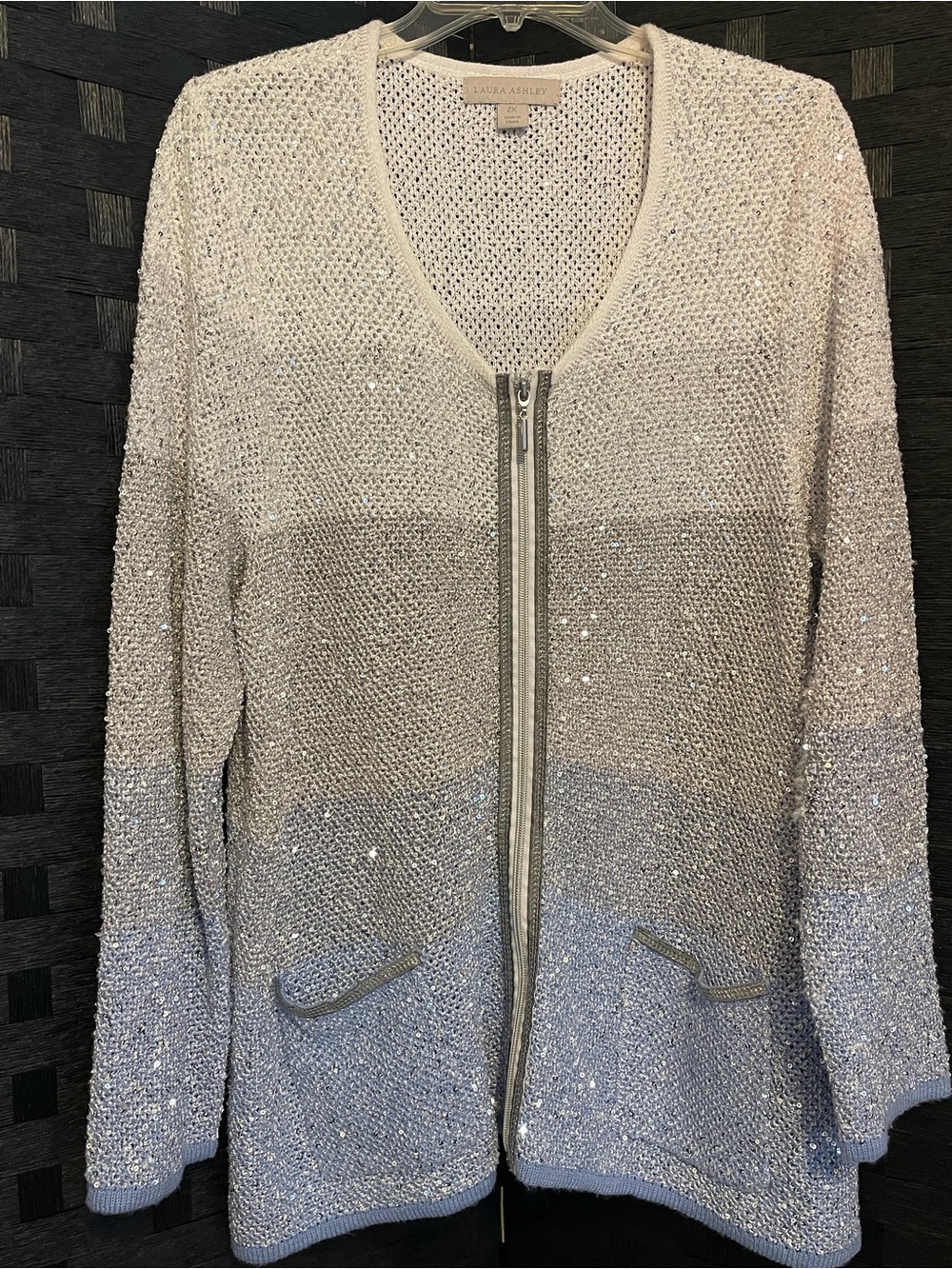 Laura Ashley Women’s Plus Sz 2X White Blue Ombré Sequin Zip Up Sweater